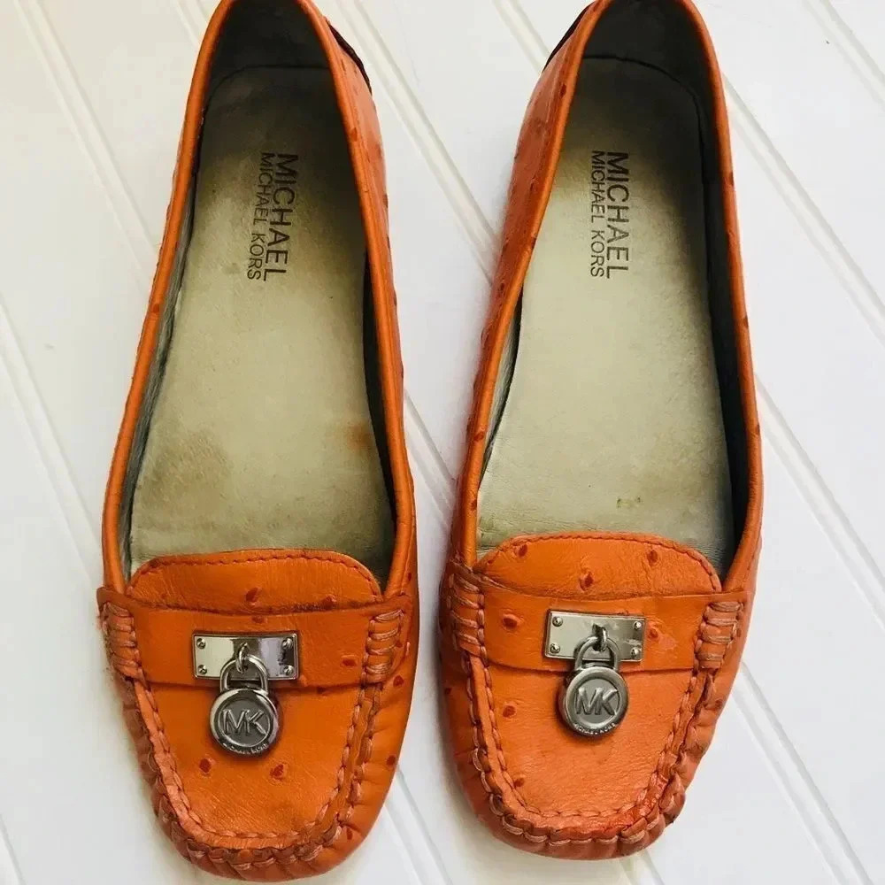 Michael Kors Hamilton Tangerine Ostrich Leather Loafers - Picture 3 of 8